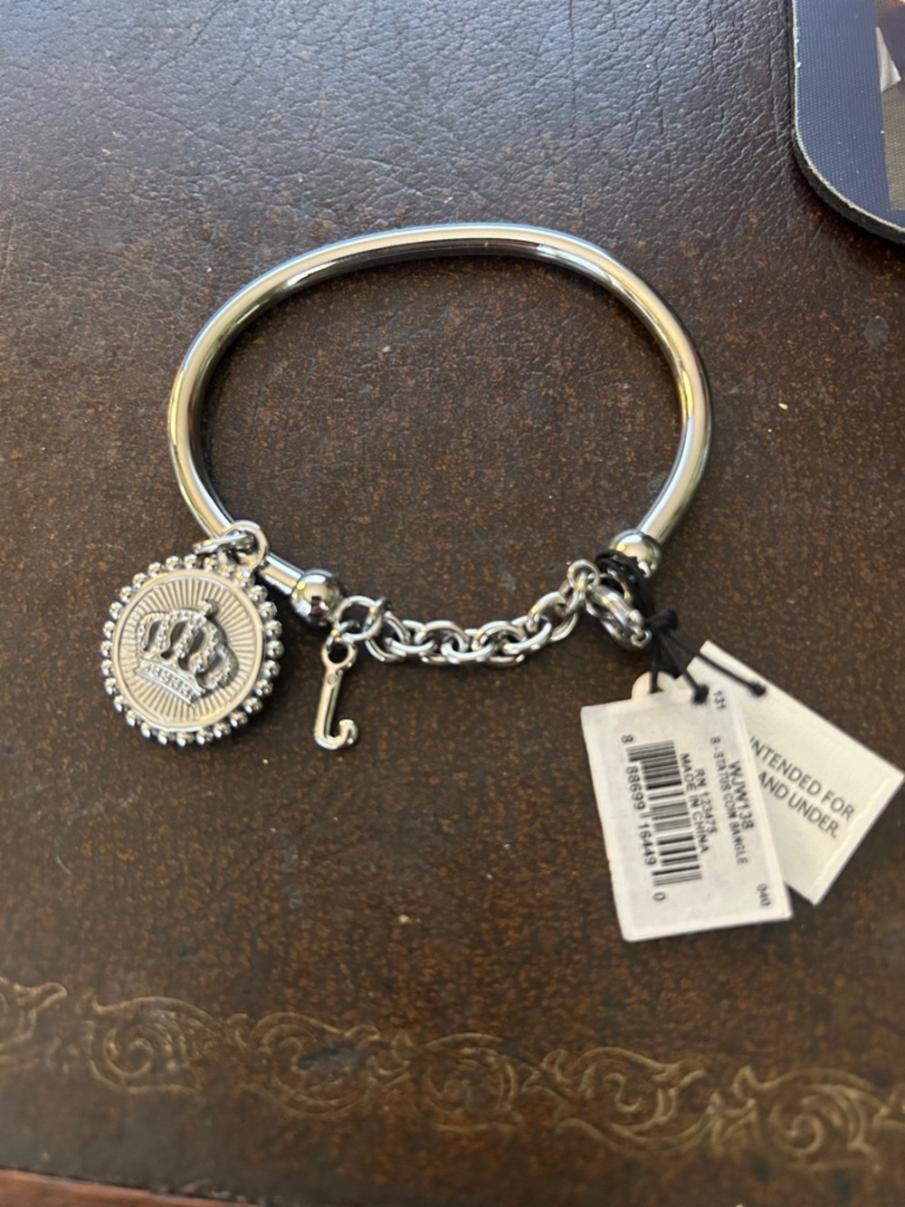 Juicy Couture Silver Crown Medallion Chain Charm Bangle Bracelet